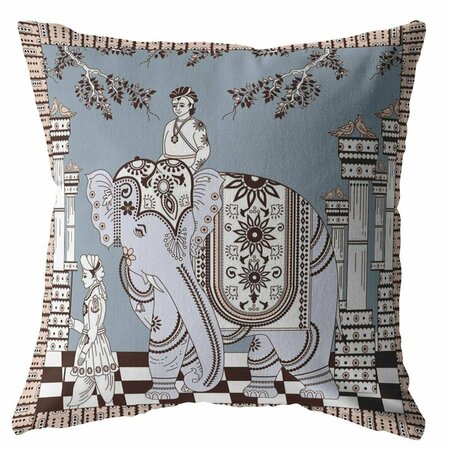 PALACEDESIGNS 16 in. Ornate Elephant Indoor & Outdoor Throw Pillow Light Blue & Muted Brown PA3645082